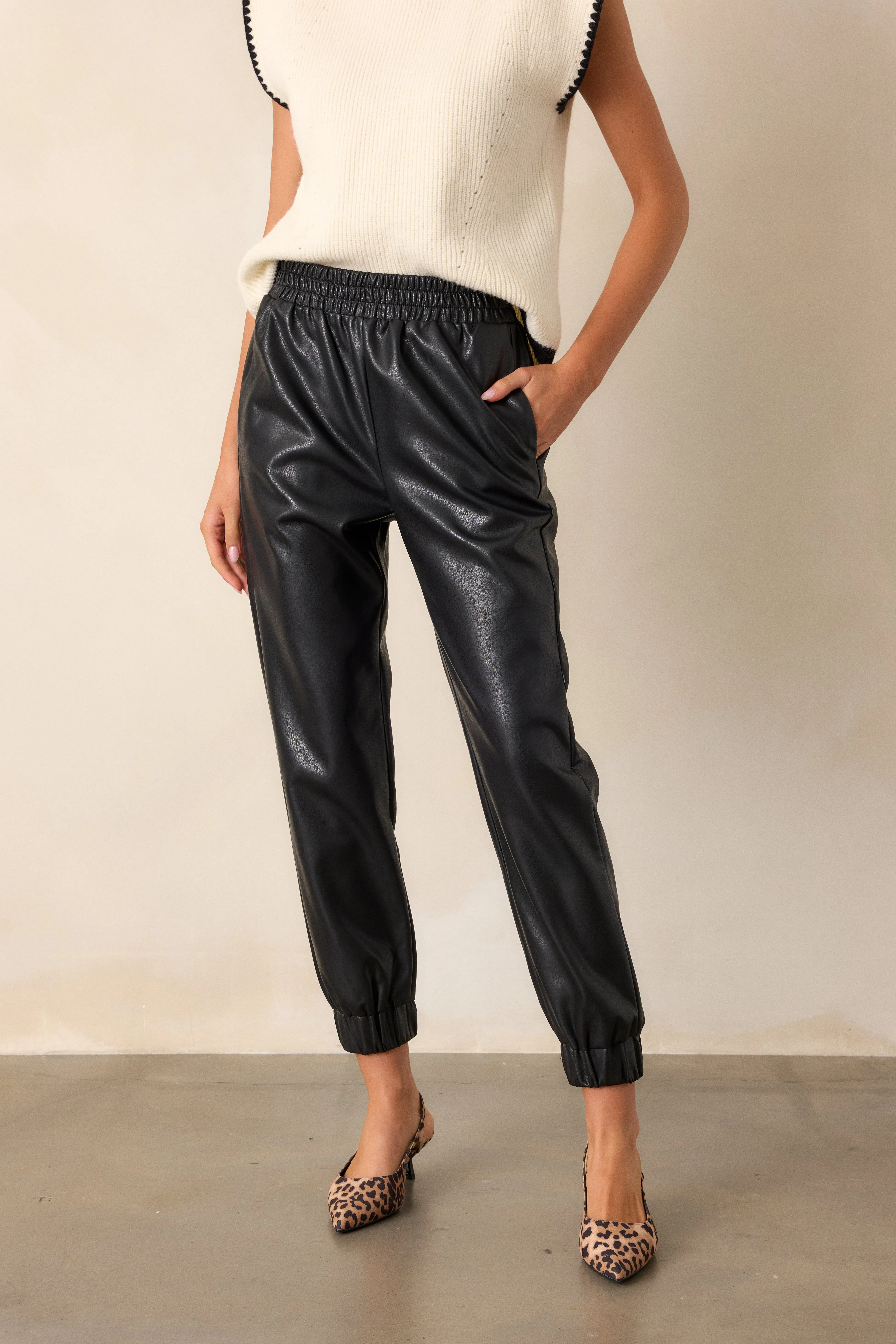 Check Yourself Black Faux Leather Jogger Pants