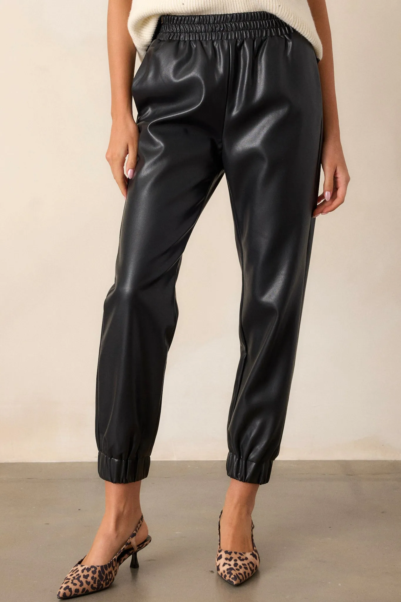 Check Yourself Black Faux Leather Jogger Pants