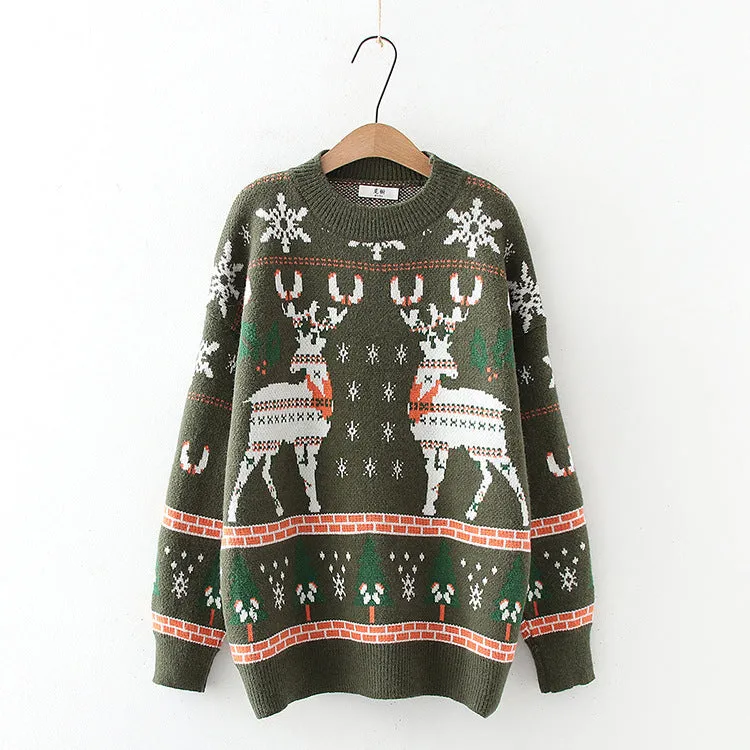 Christmas snowflake deer jacquard knit, fall/winter round neck loose bottom sweater, pullover sweater  1415