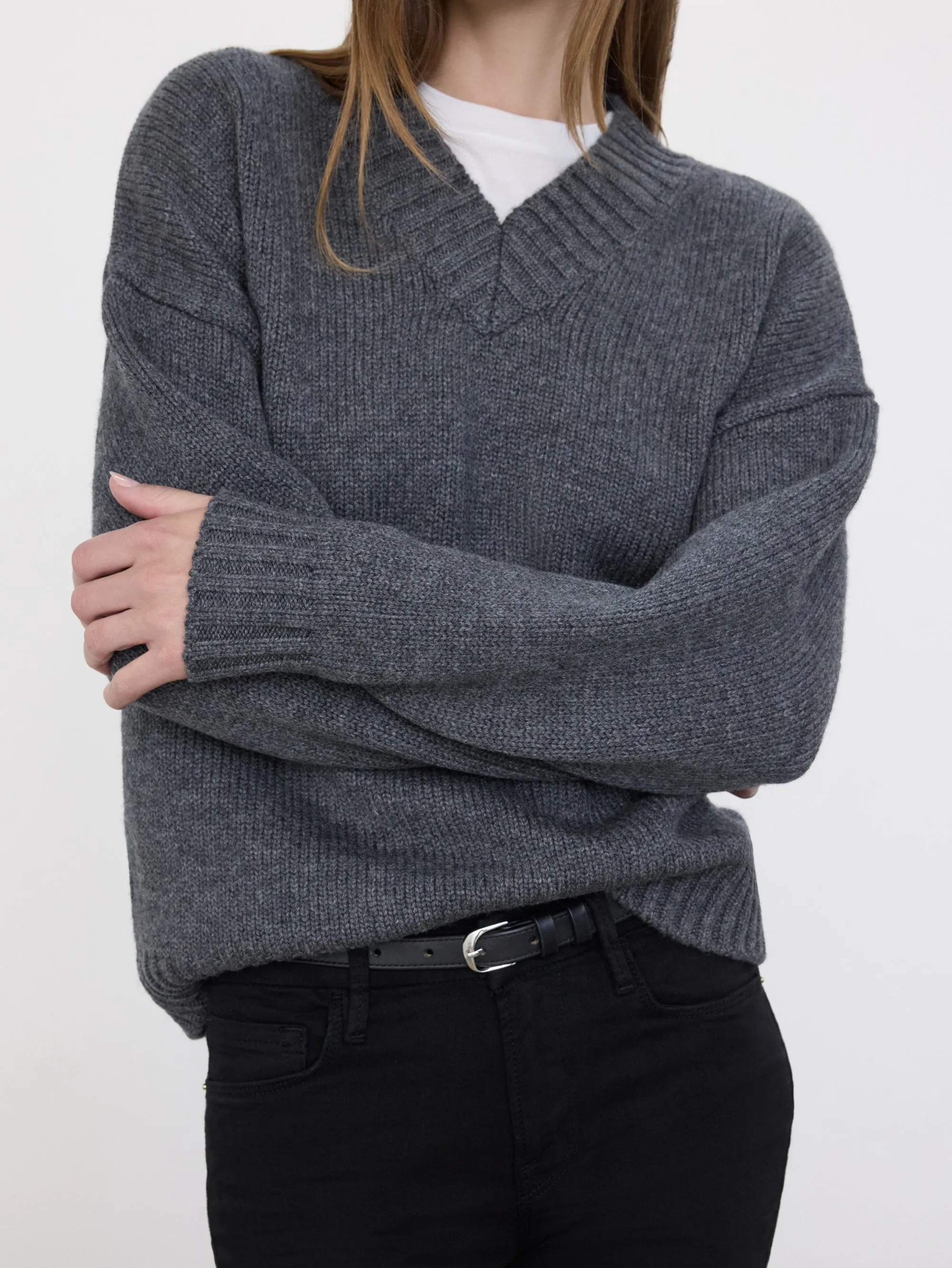 Chunky V-Neck Sweater -- Charcoal Heather