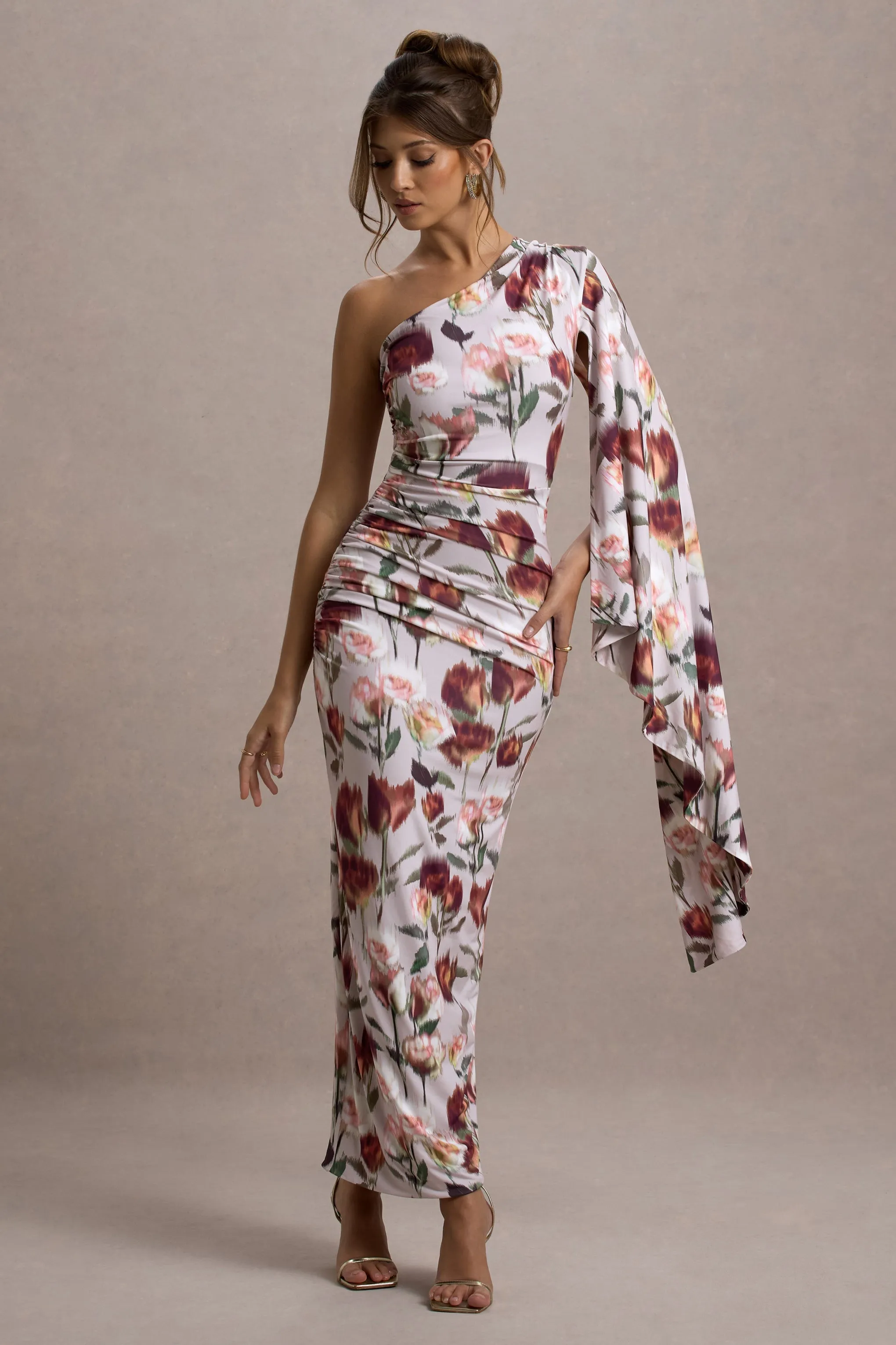 Clementina | Cream Floral Print Asymmetric Cape Sleeve Maxi Dress