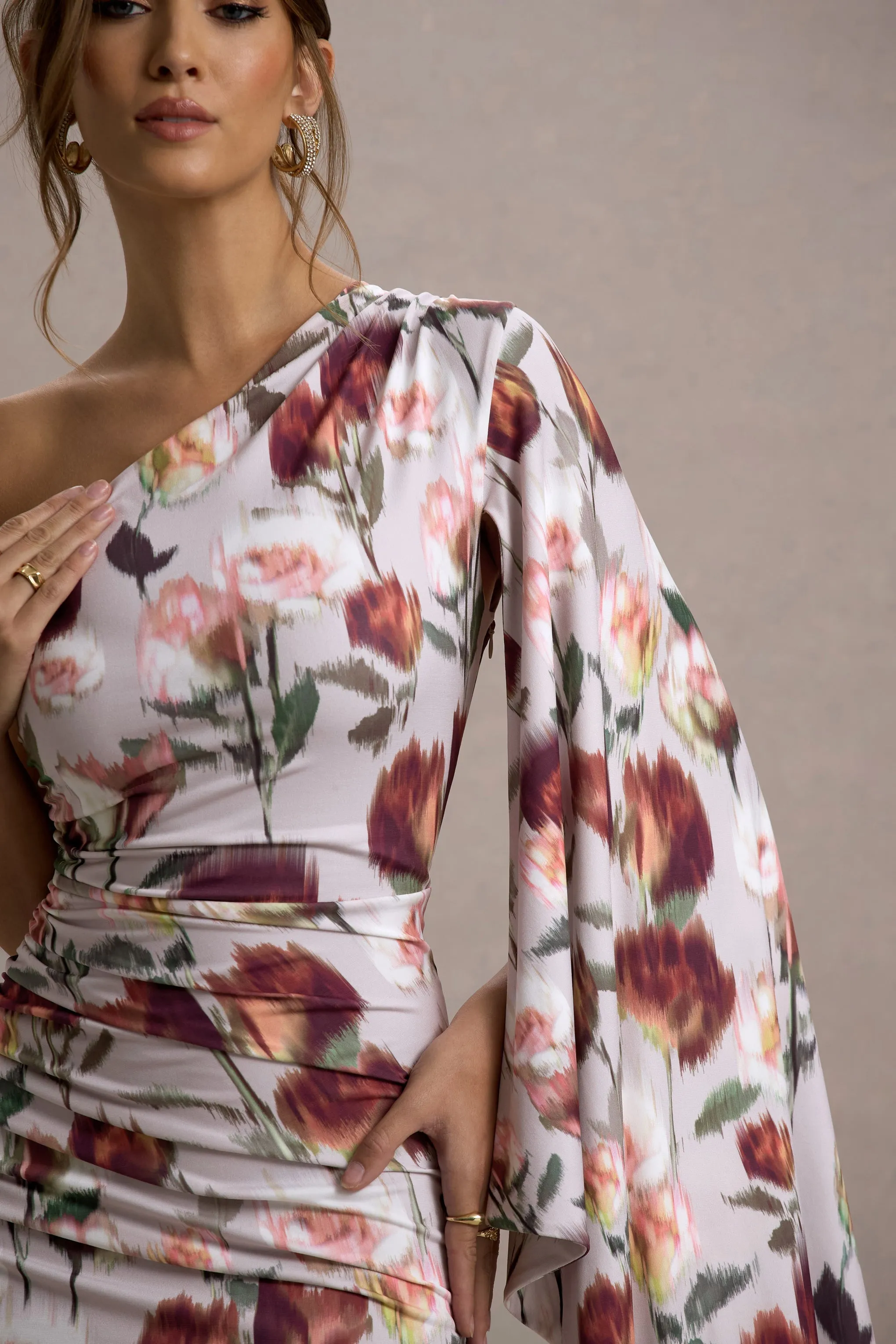 Clementina | Cream Floral Print Asymmetric Cape Sleeve Maxi Dress