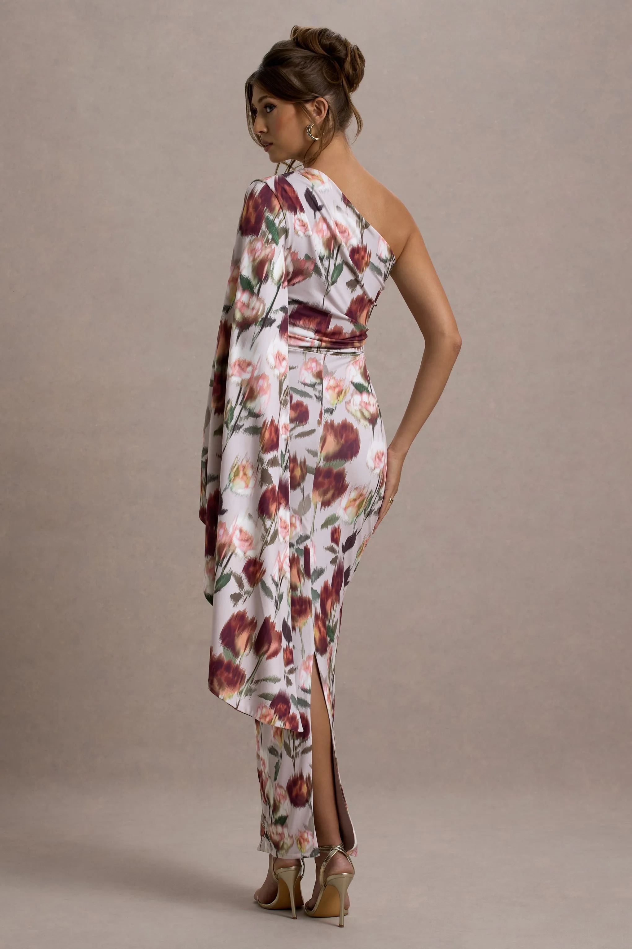 Clementina | Cream Floral Print Asymmetric Cape Sleeve Maxi Dress