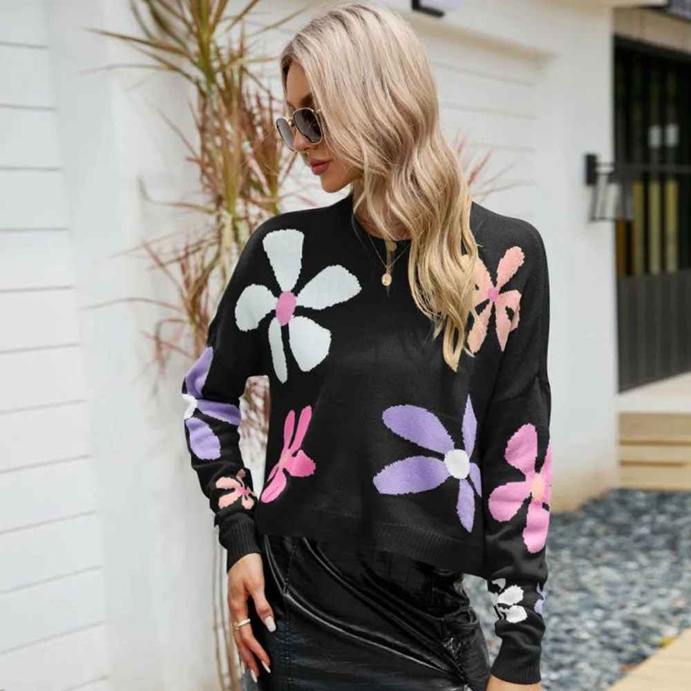 Colorful Daisy Floral Print Crew Neck Oversized Pullover Sweater