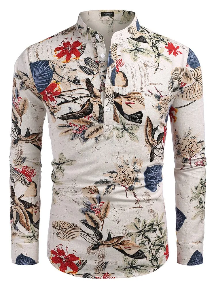 Cotton Linen Floral Henley Shirt (US Only)