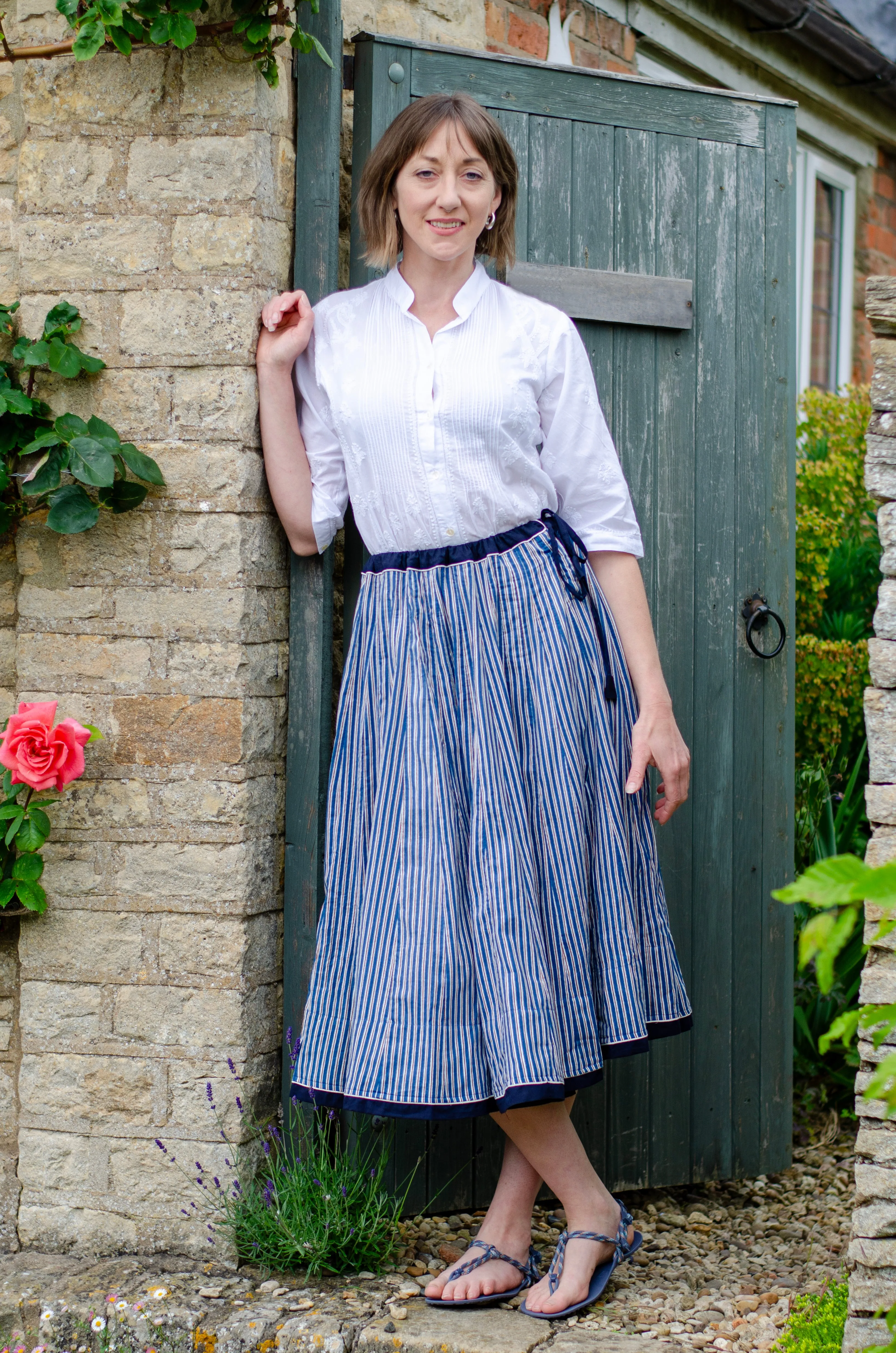 Cotton Striped Skirt / Denim Blue