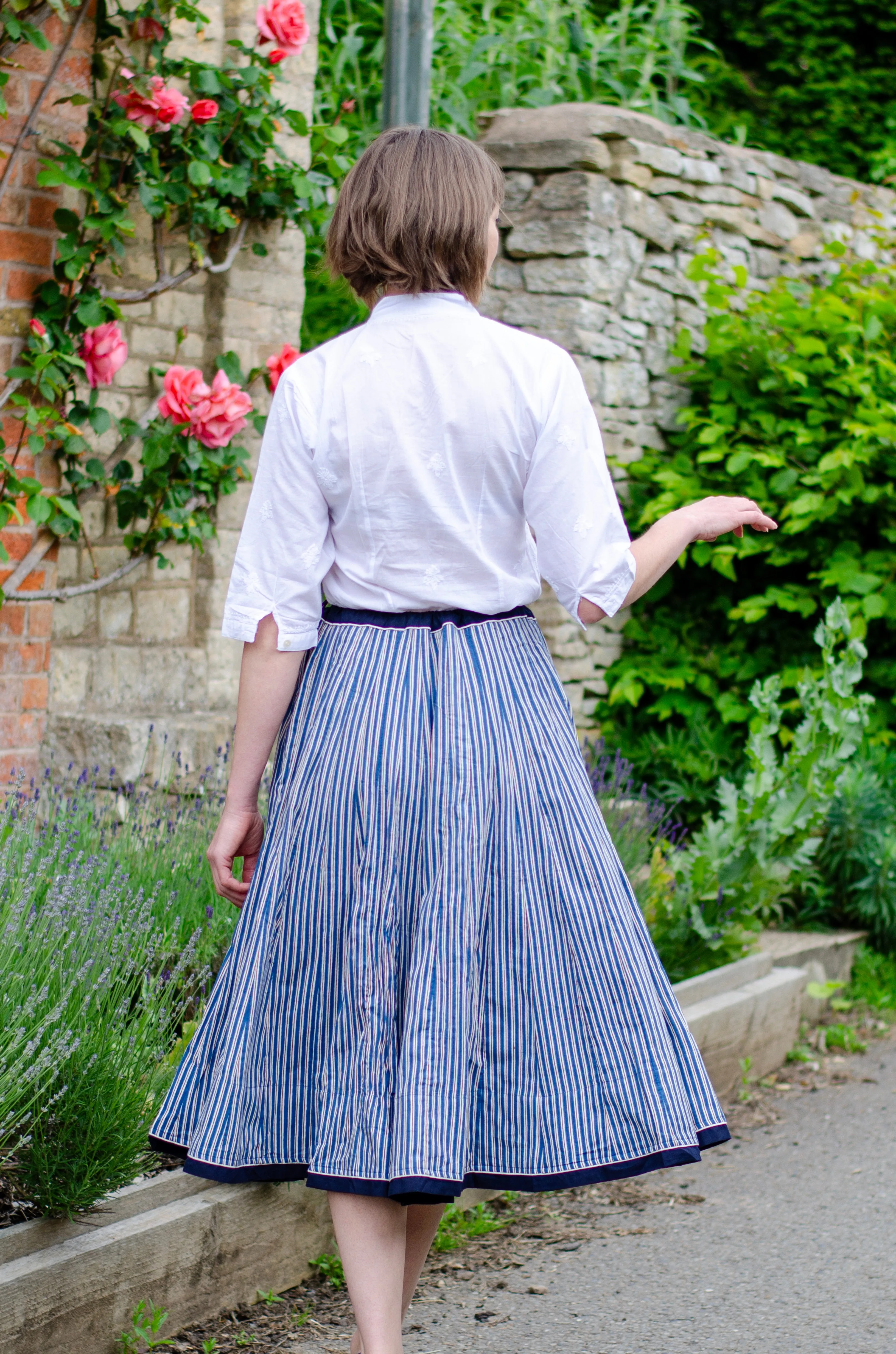 Cotton Striped Skirt / Denim Blue