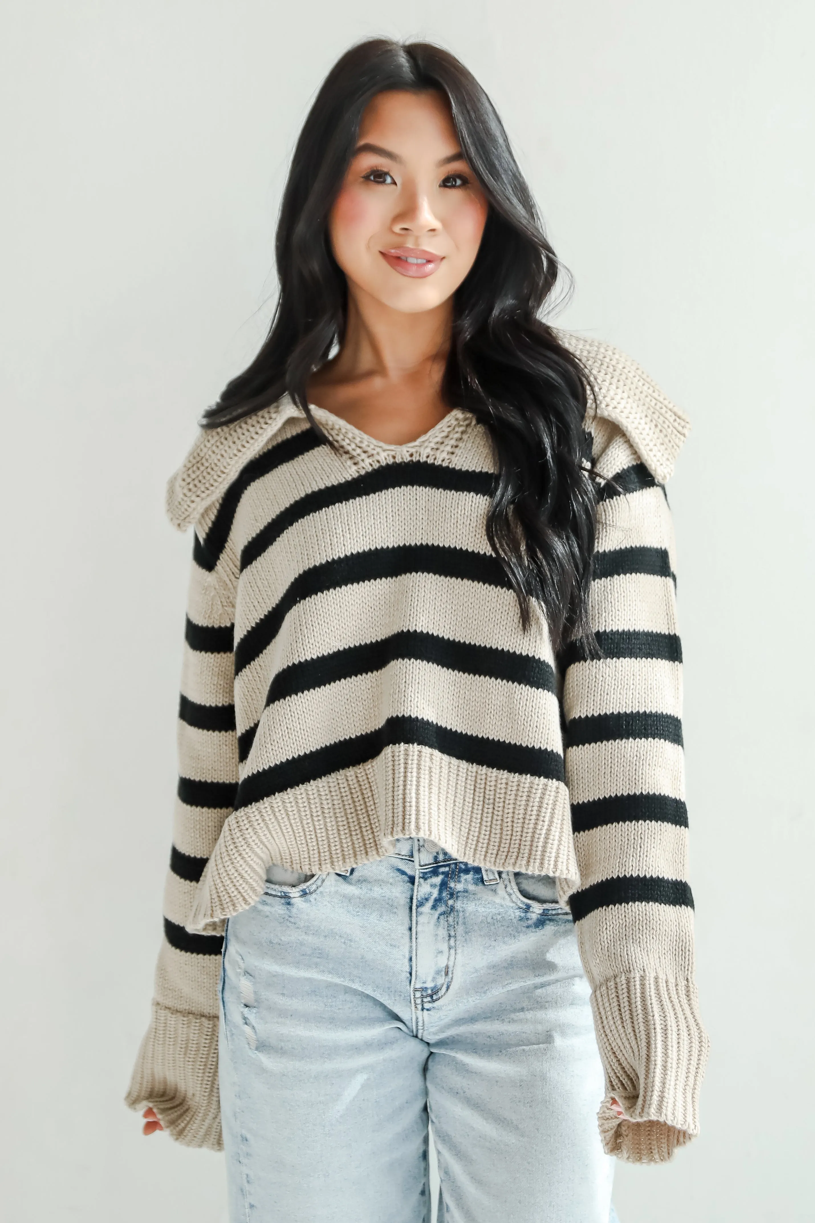 Coziest Cuddles Beige Striped Collared Sweater