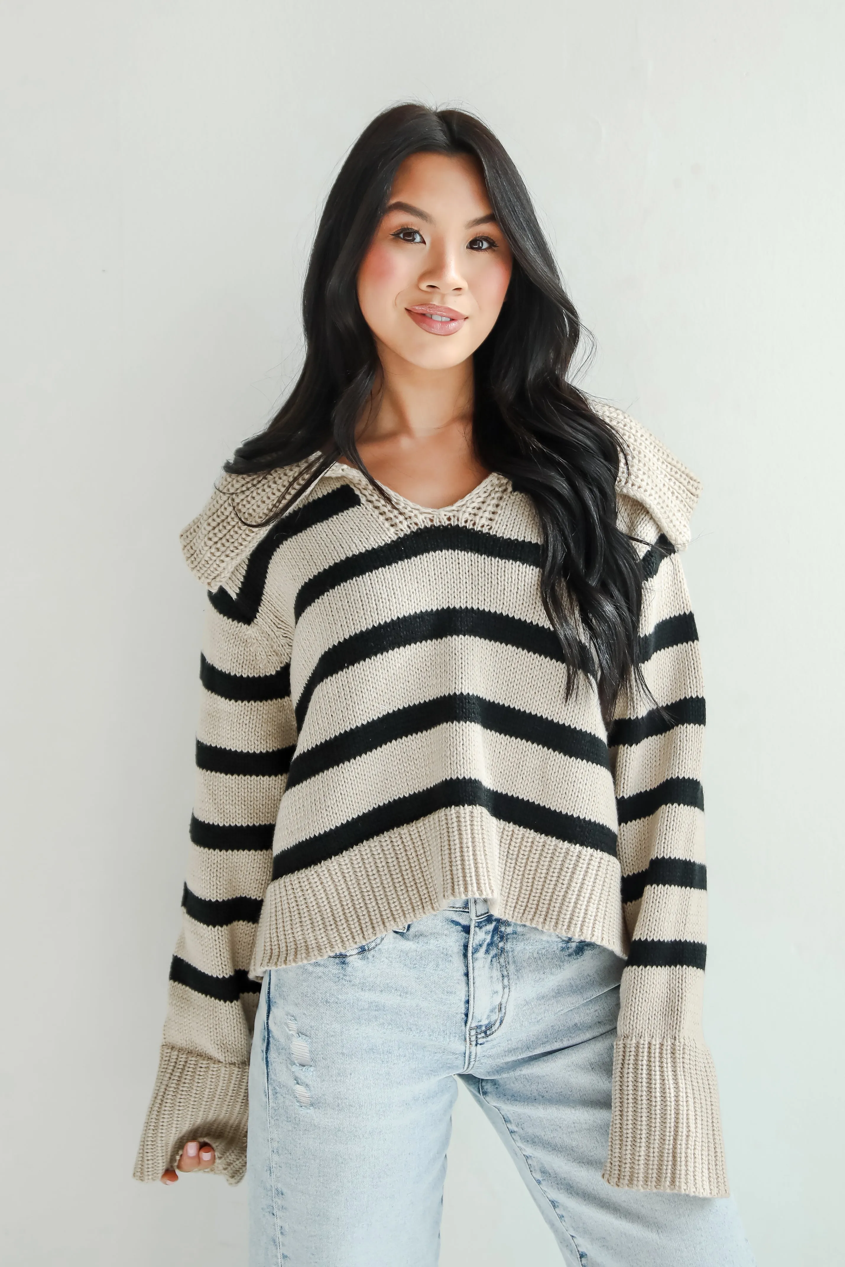 Coziest Cuddles Beige Striped Collared Sweater