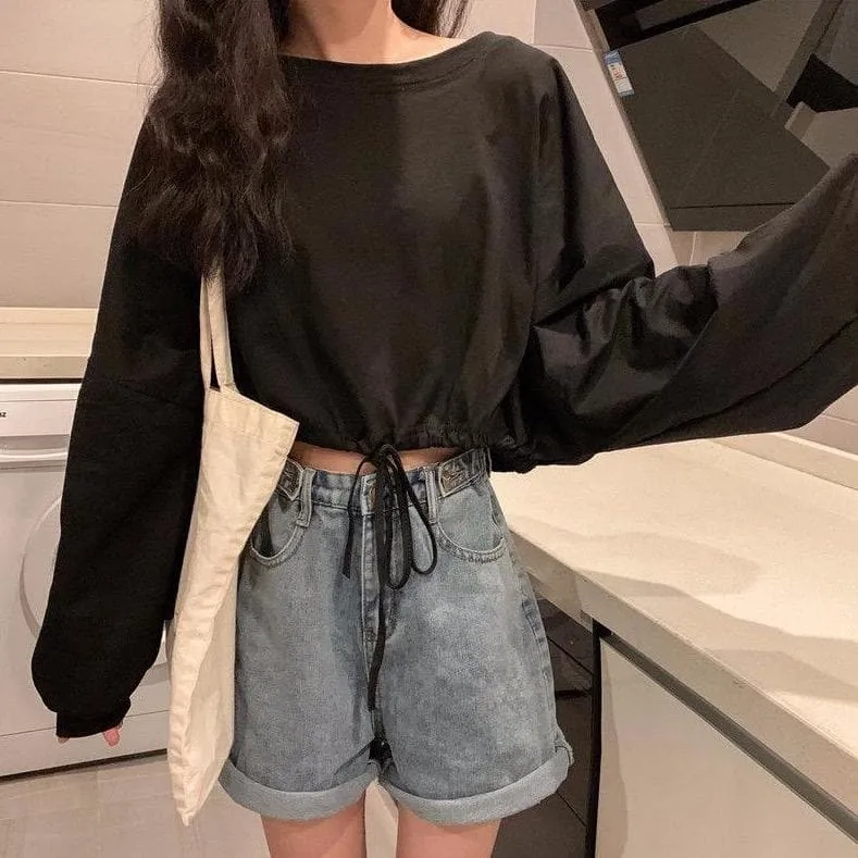 Crop Sweater With Waist Drawstring