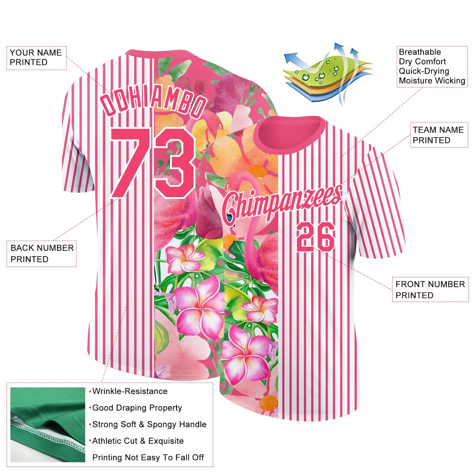 Custom Neon Pink White 3D Tropical Hawaii Palm Leaves And Flower Performance T-Shirt