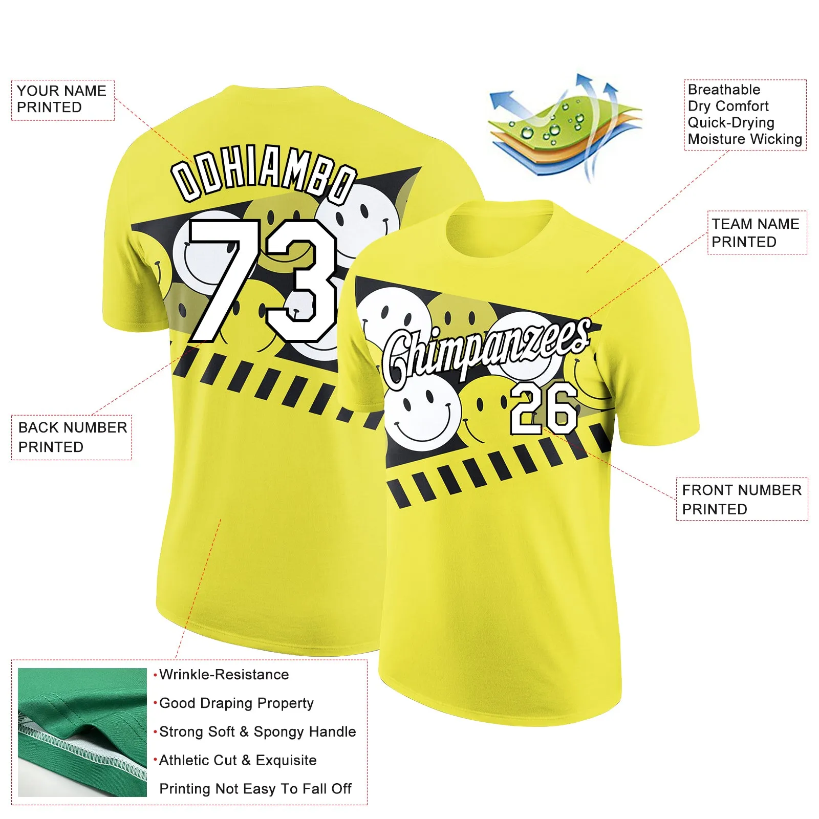 Custom Neon Yellow White-Black 3D Pattern Design Smile Emoji Performance T-Shirt