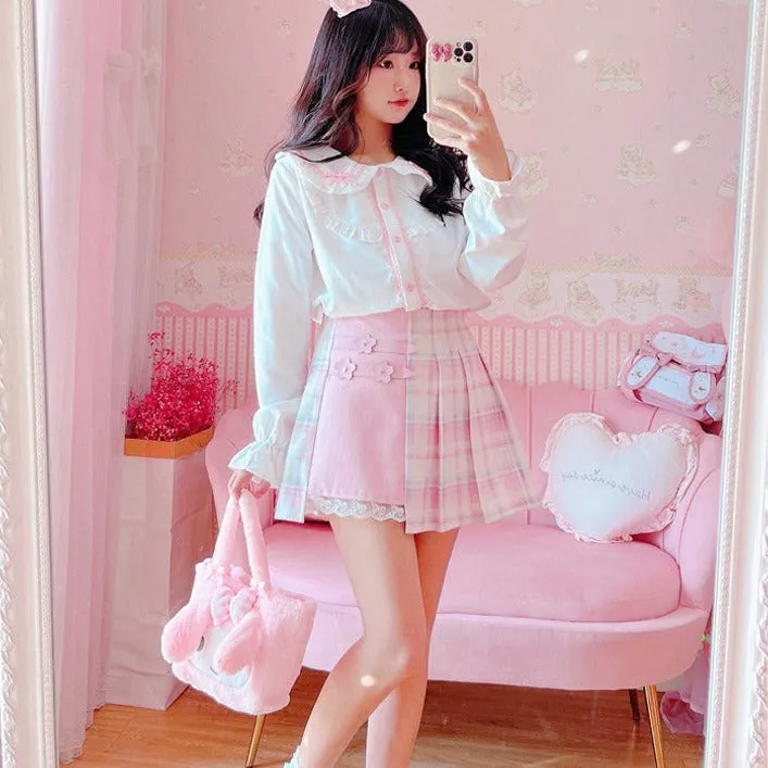 Cute and Comfortable: Pink and White Checked Pleated High-Waist Skirt for Women