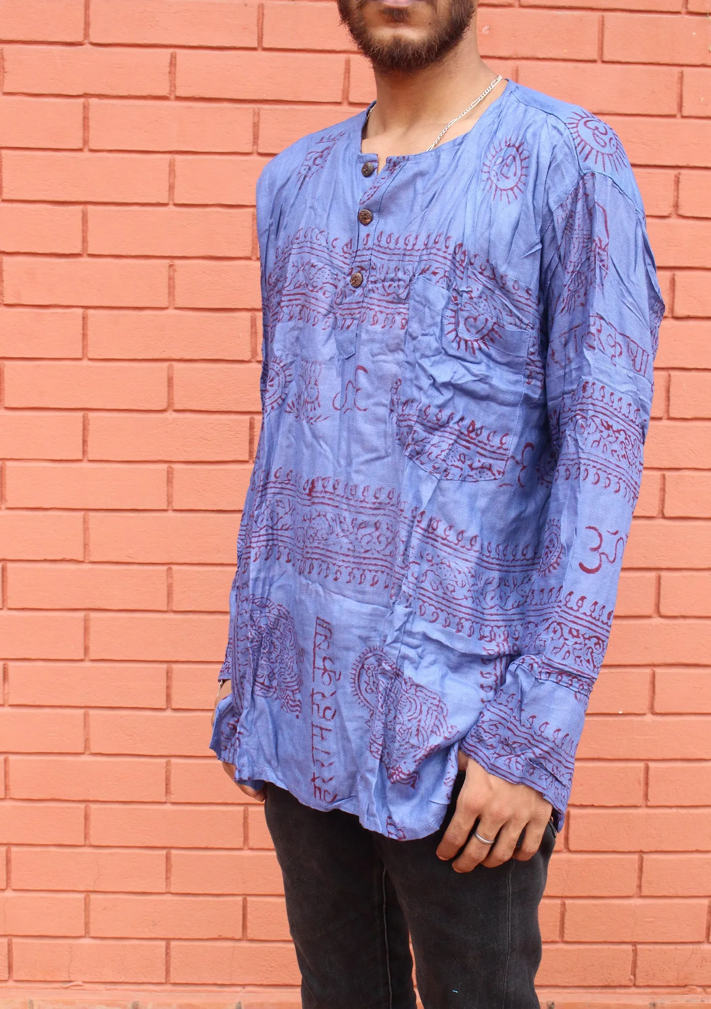 Dark Blue Cotton Om Prayer Shirt, Yoga shirt