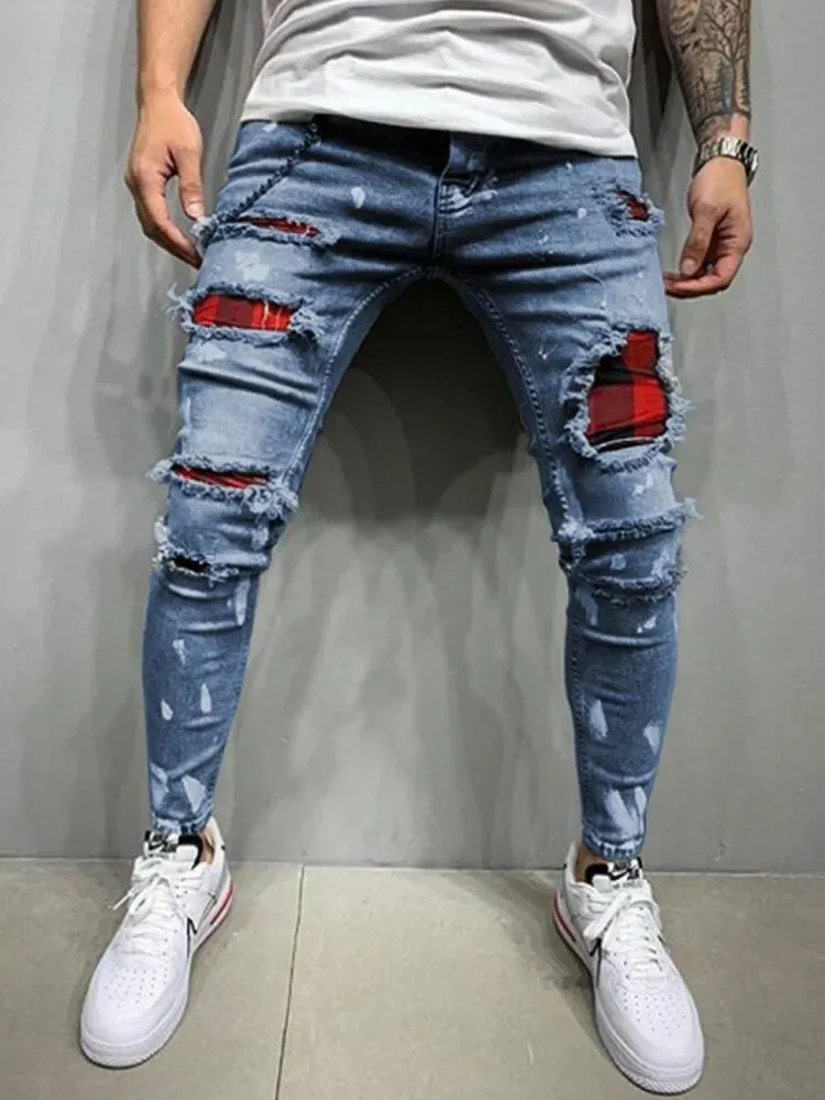 Distress Plaid Patch Holes Ripped Skinny Jeans Men*