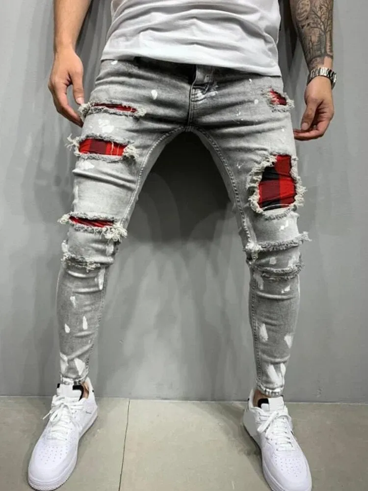 Distress Plaid Patch Holes Ripped Skinny Jeans Men*