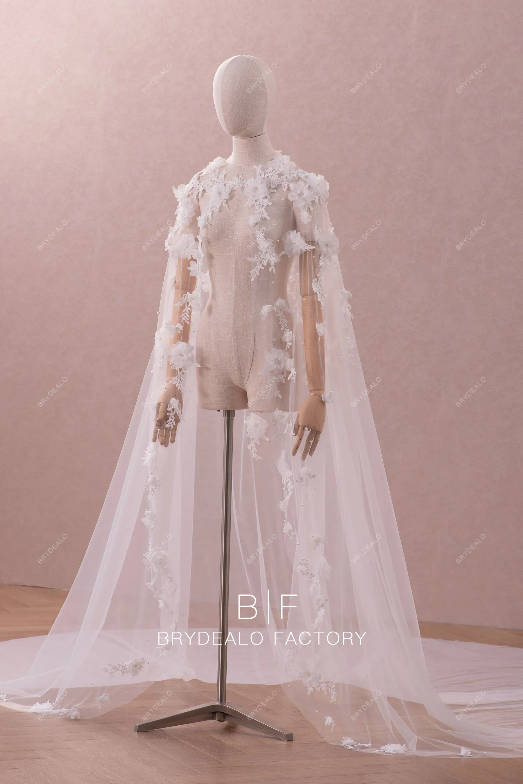 Dreamy Long 3D Flower Pearls Bridal Cape