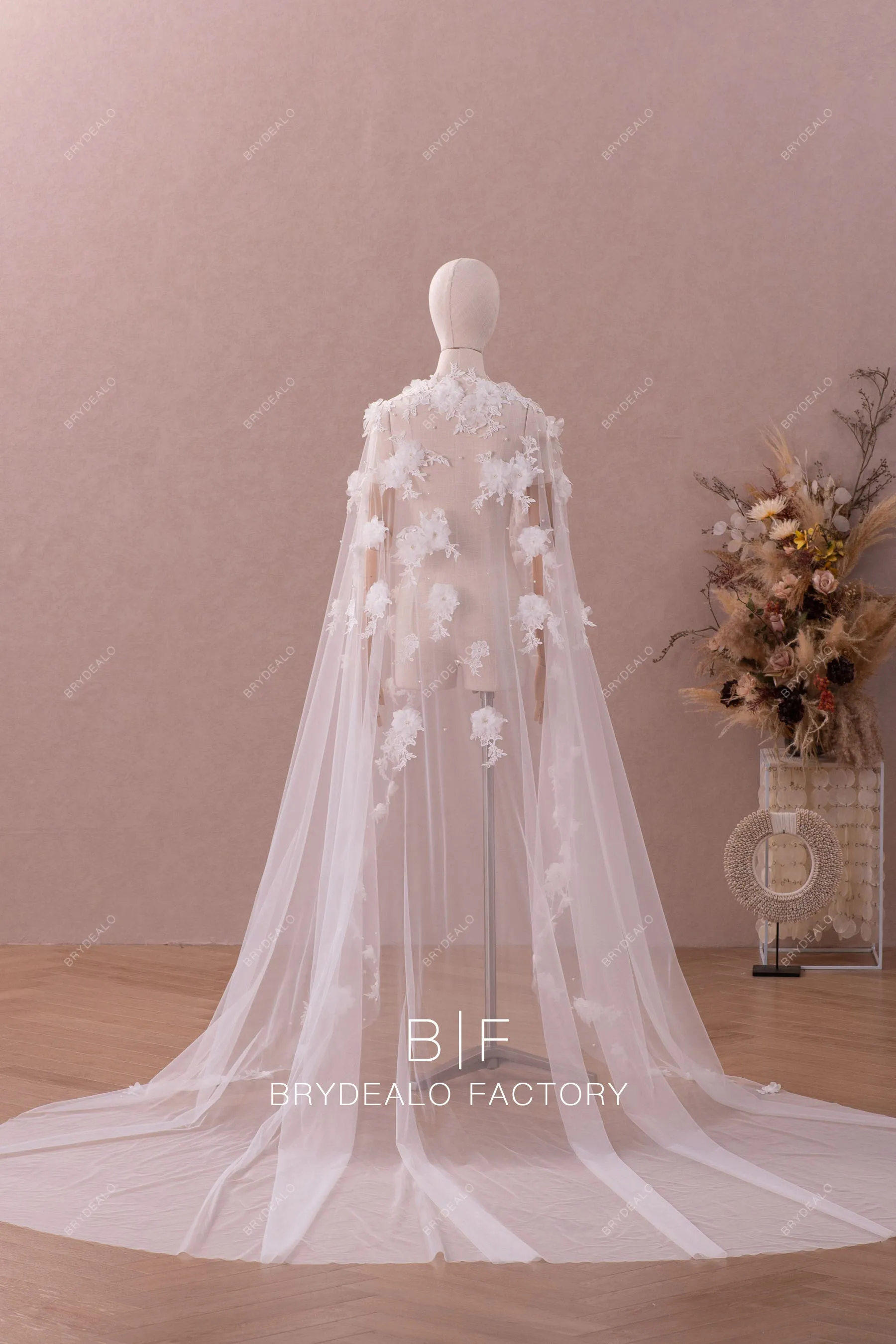 Dreamy Long 3D Flower Pearls Bridal Cape