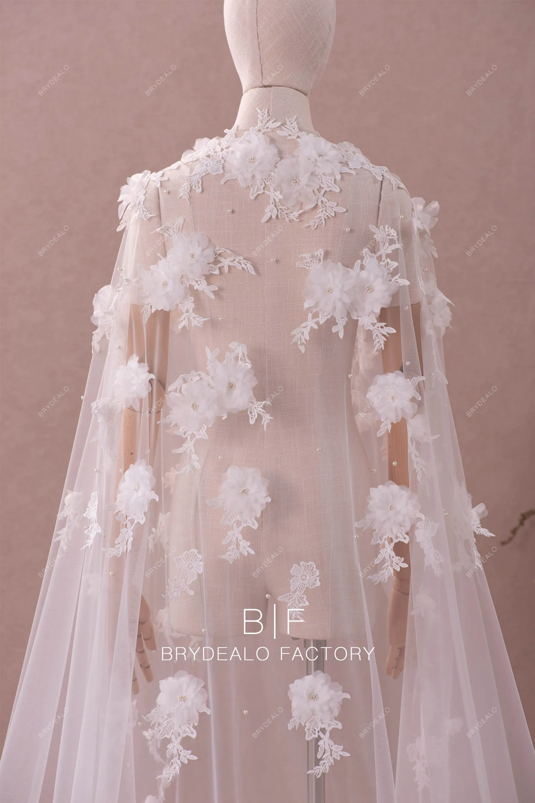 Dreamy Long 3D Flower Pearls Bridal Cape