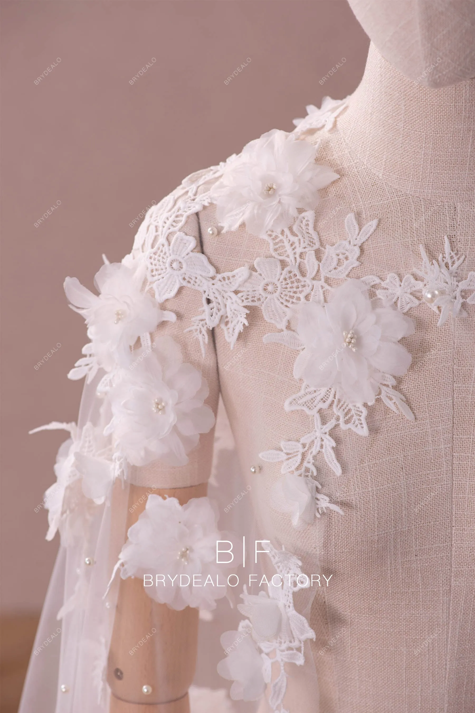 Dreamy Long 3D Flower Pearls Bridal Cape