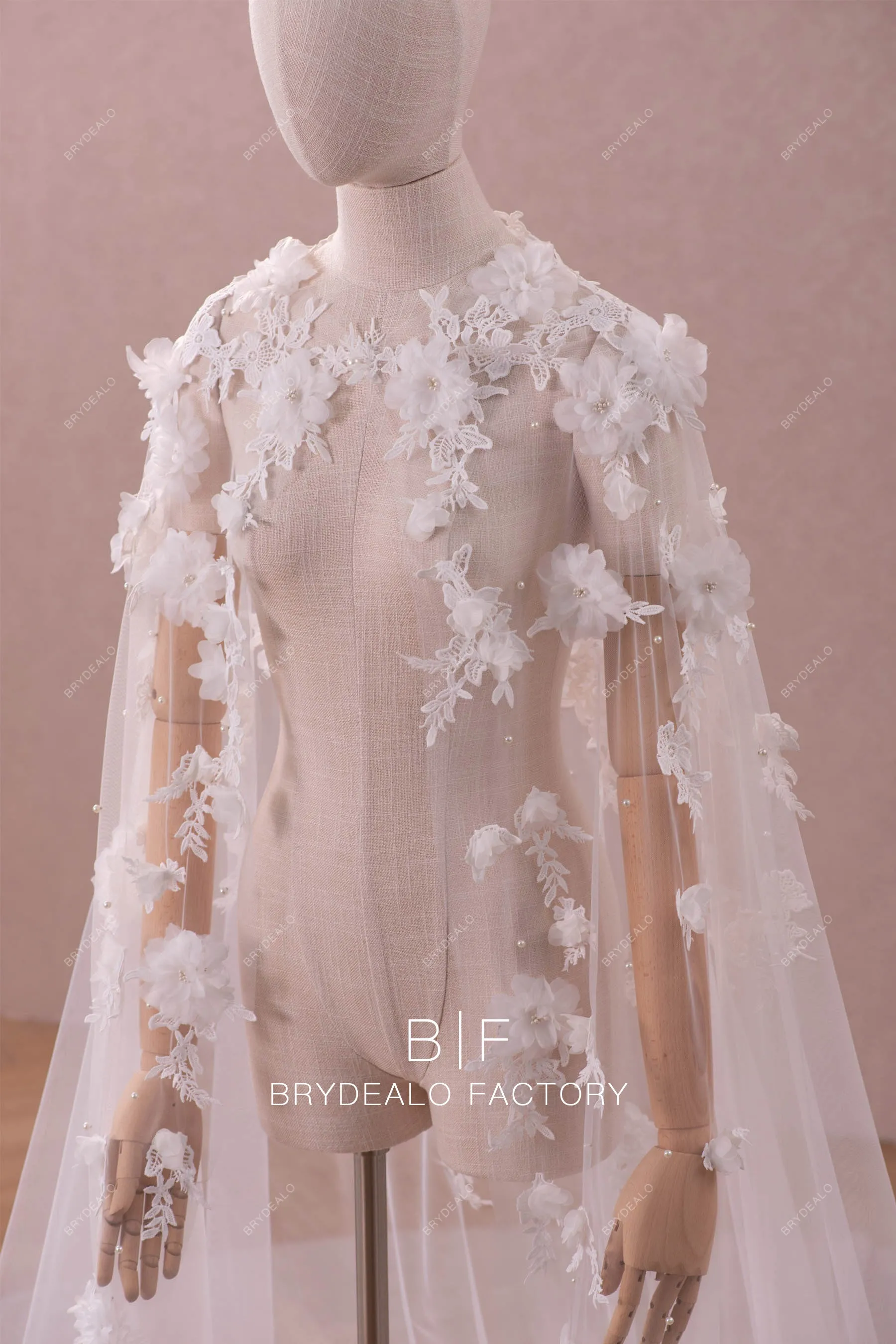 Dreamy Long 3D Flower Pearls Bridal Cape