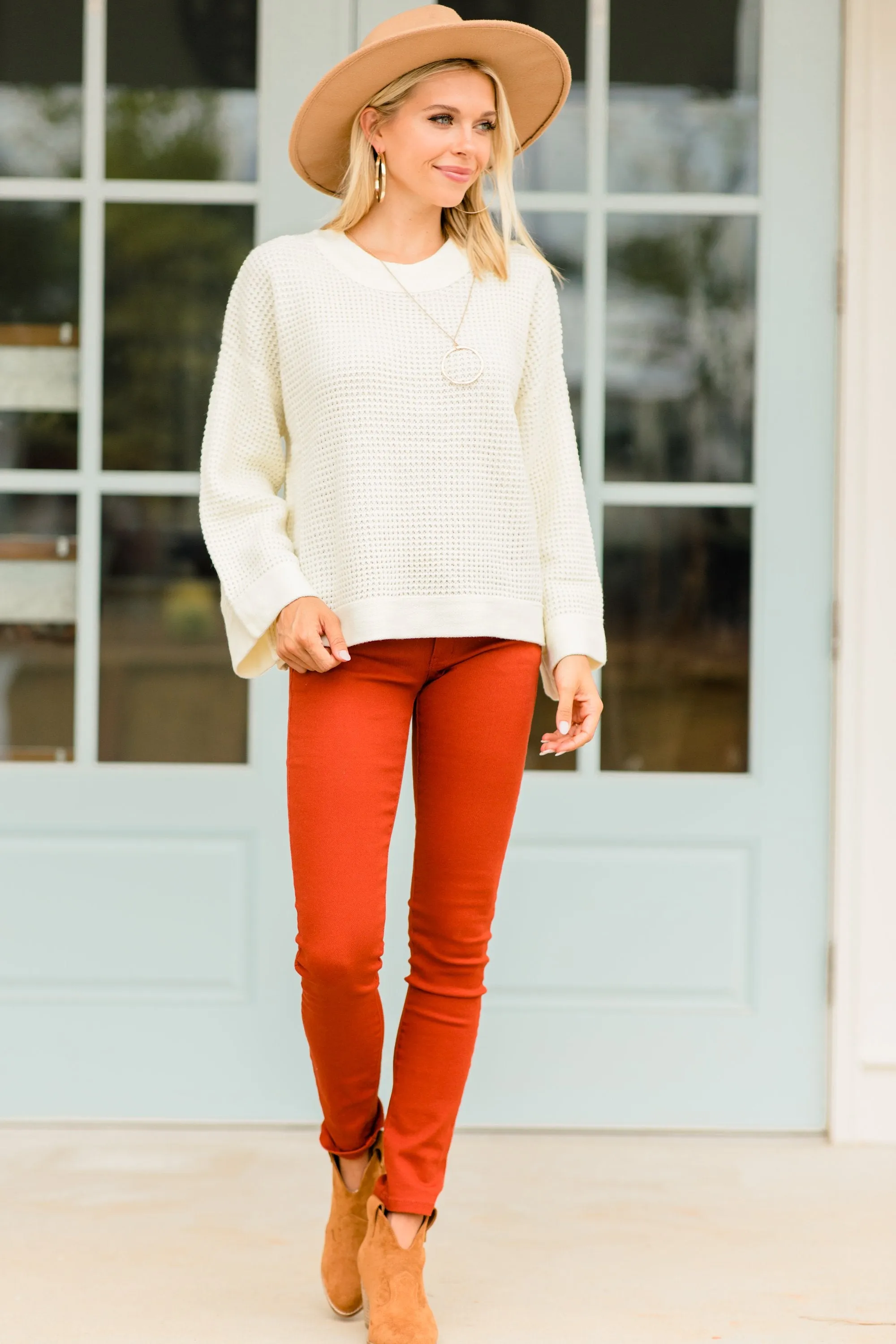 Easy Days Ahead Sweet Cream White Waffle Sweater