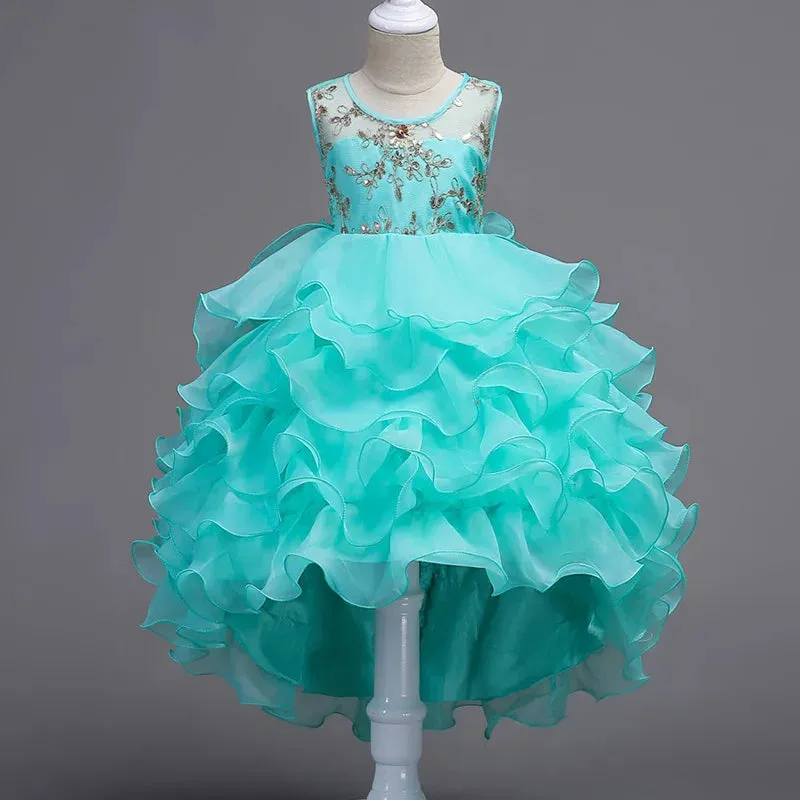 Embroidery Girls Princess Flower Tutu Ruffle Party Dress