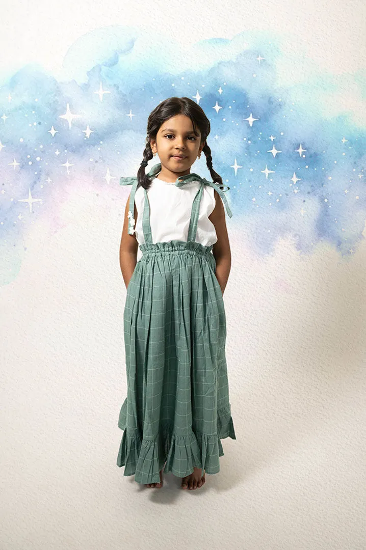 Endless possibilities’ pinafore dress / skirt in teal handwoven cotton checks