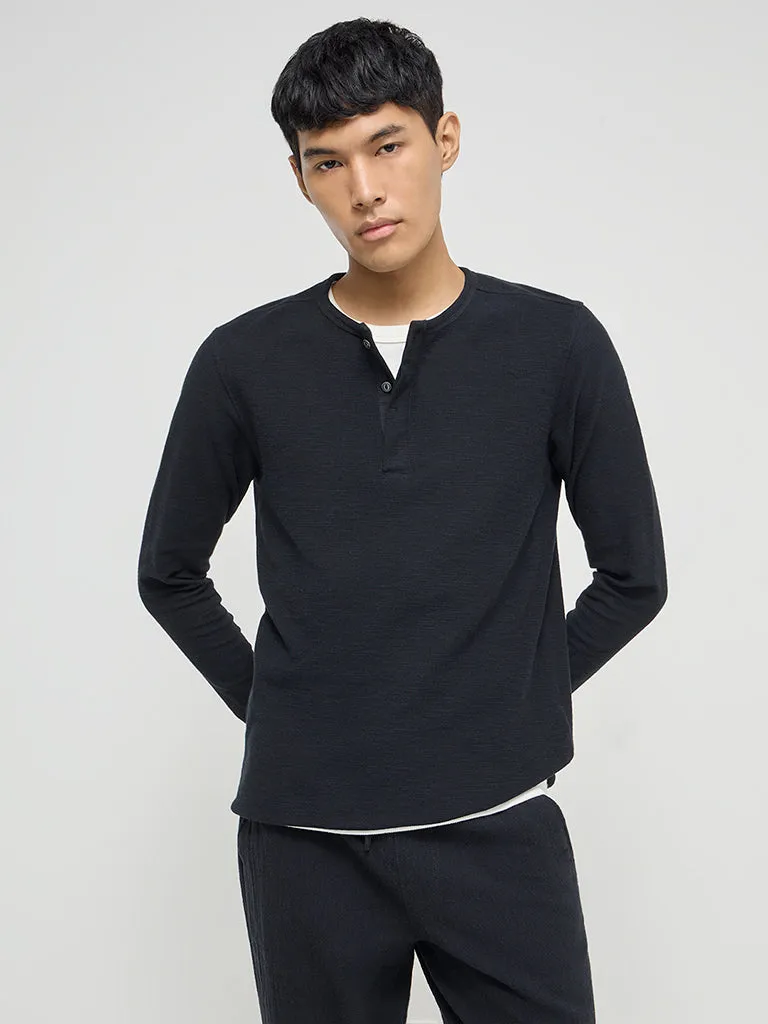 ETA Black Henley Slim-Fit Cotton T-Shirt