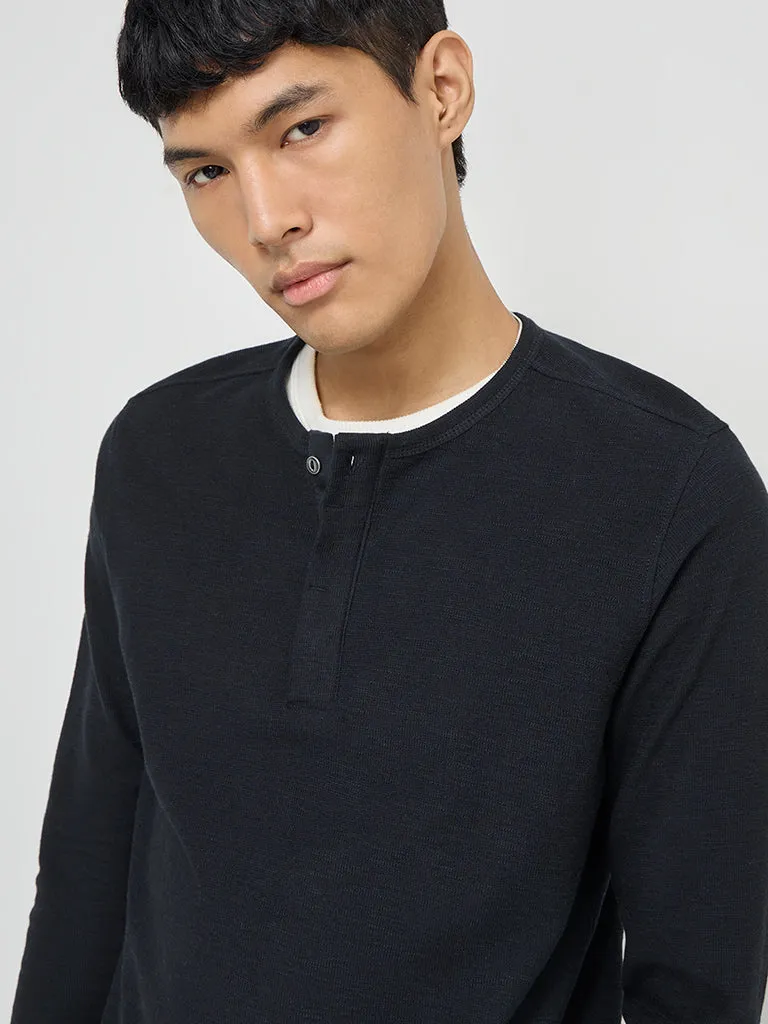 ETA Black Henley Slim-Fit Cotton T-Shirt