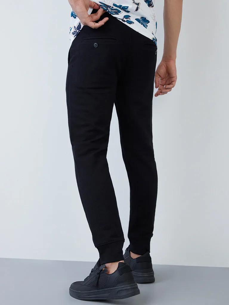 ETA Black Self-Textured Cotton Blend Slim-Fit Mid-Rise Joggers