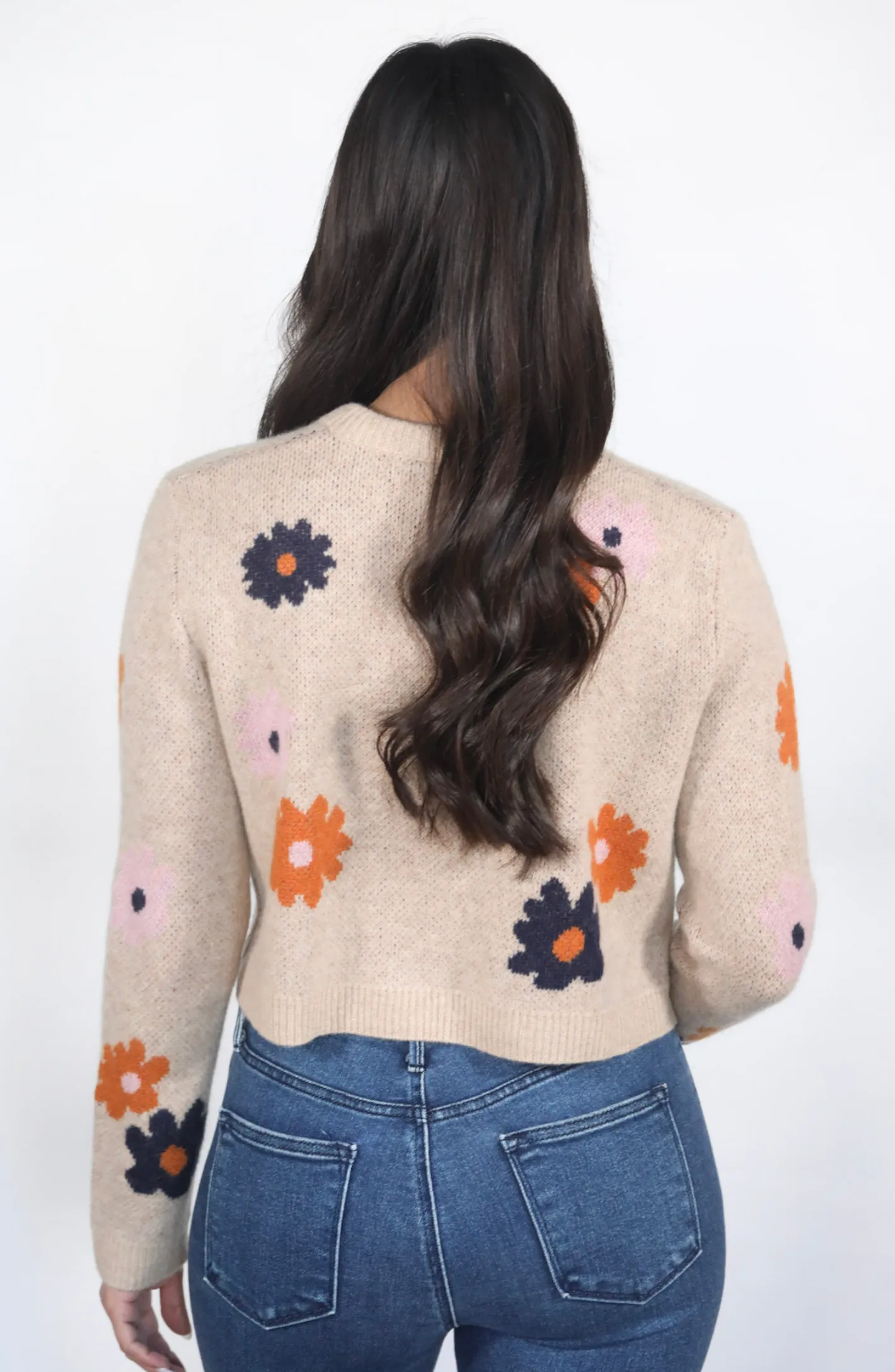 Festive Florals Beige Bow Tie Sweater