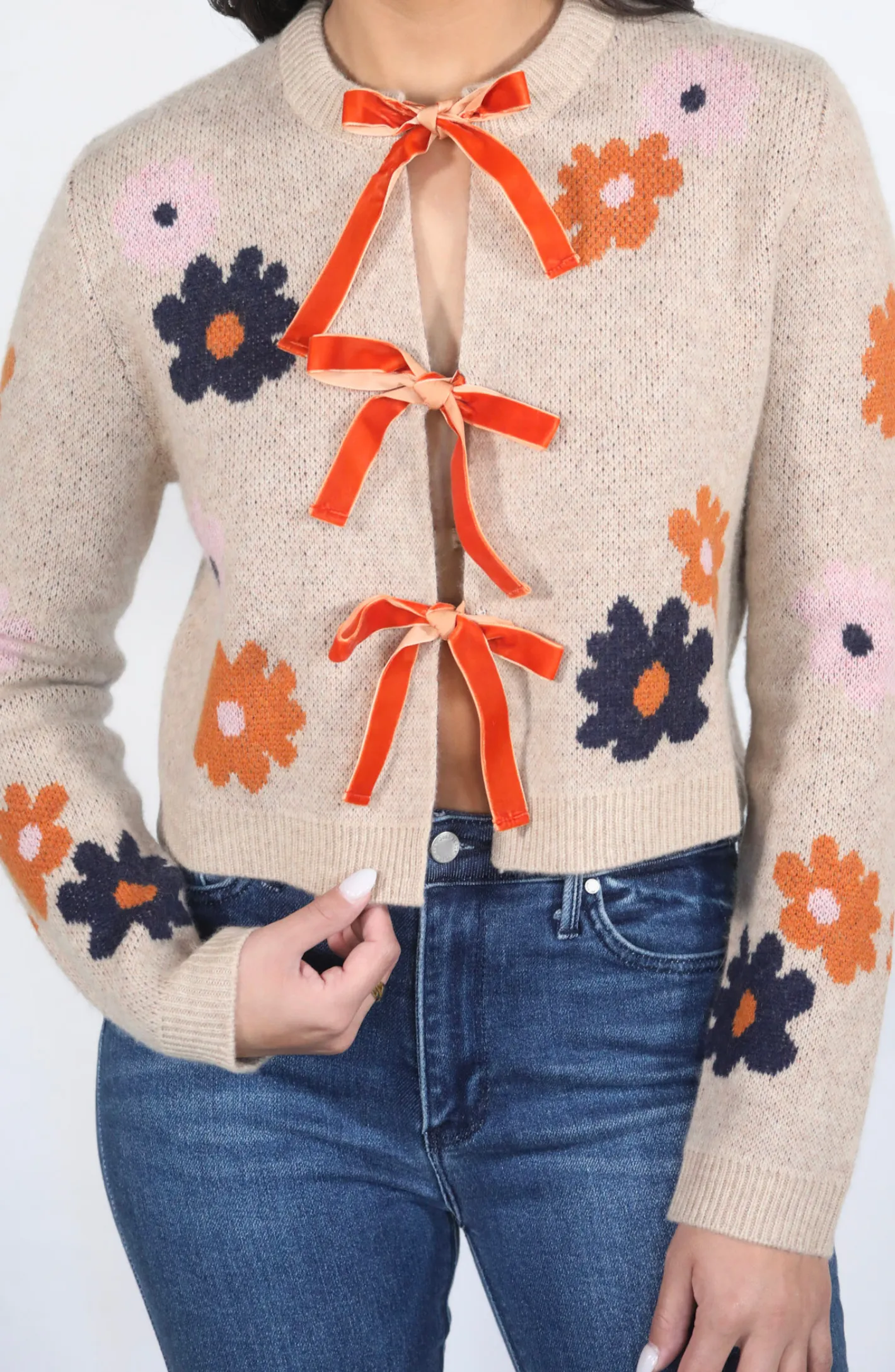 Festive Florals Beige Bow Tie Sweater