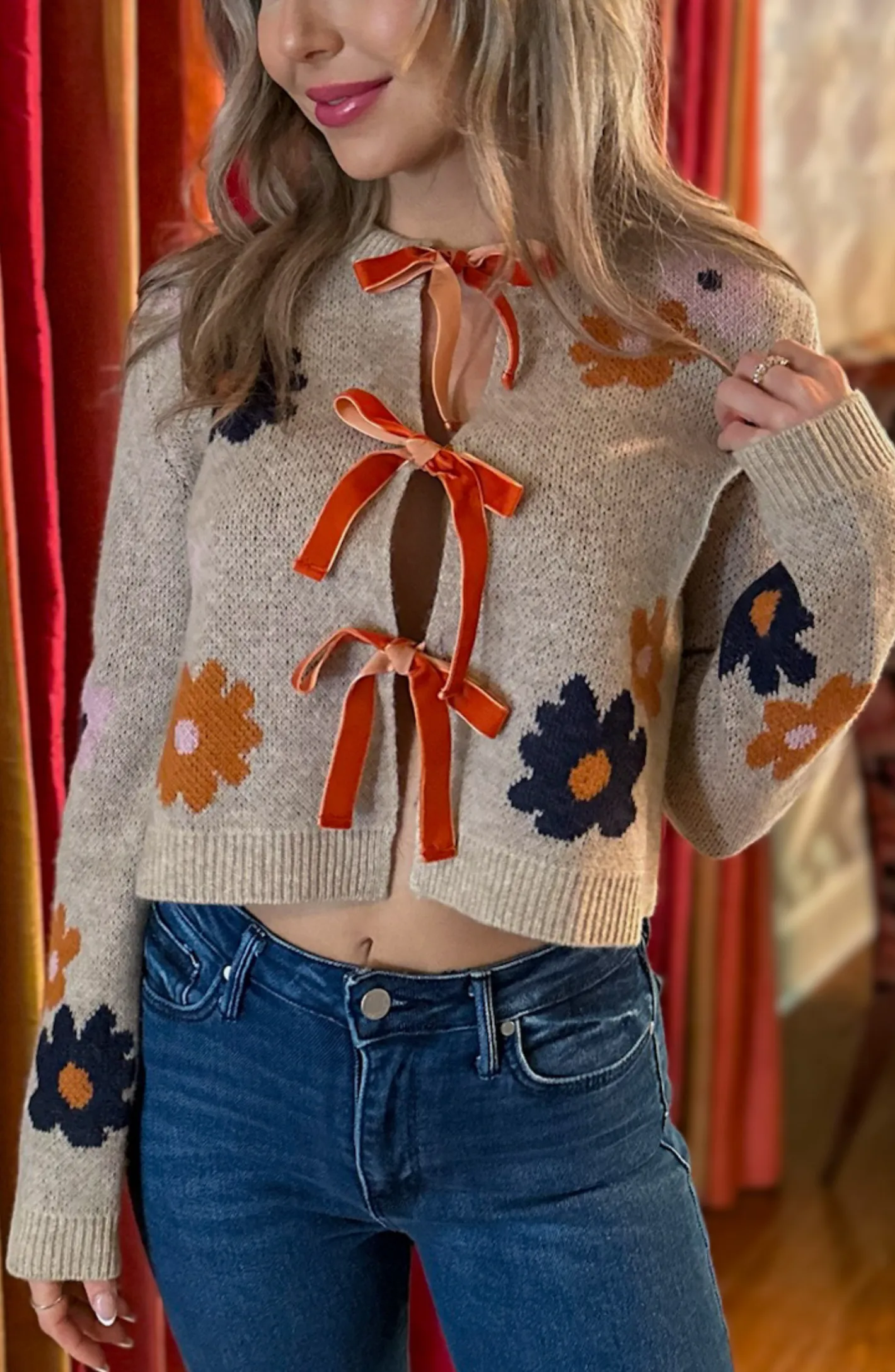 Festive Florals Beige Bow Tie Sweater