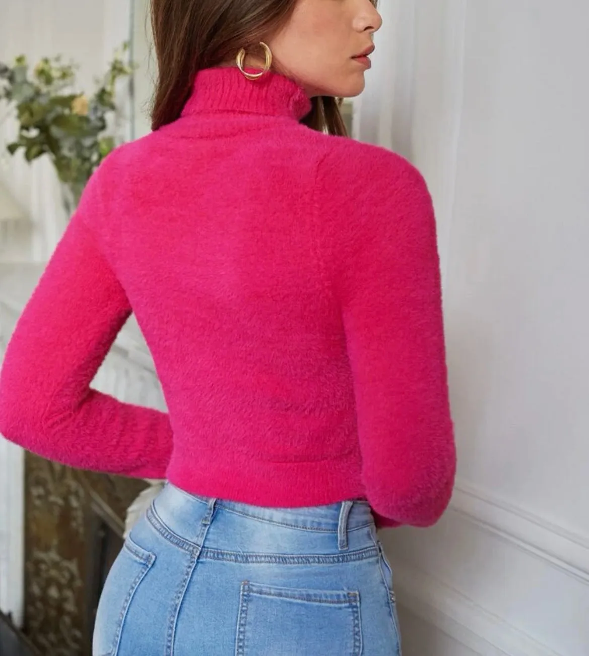 Fluffy Turtleneck Crop Pink Sweater