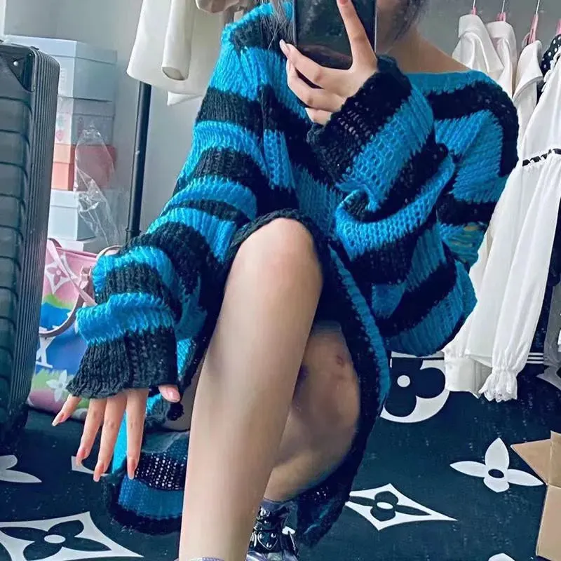 Free Gothic Distressed Oversized Striped Sweater