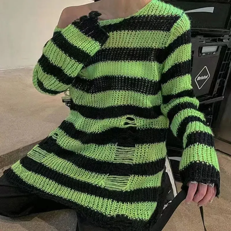 Free Gothic Distressed Oversized Striped Sweater