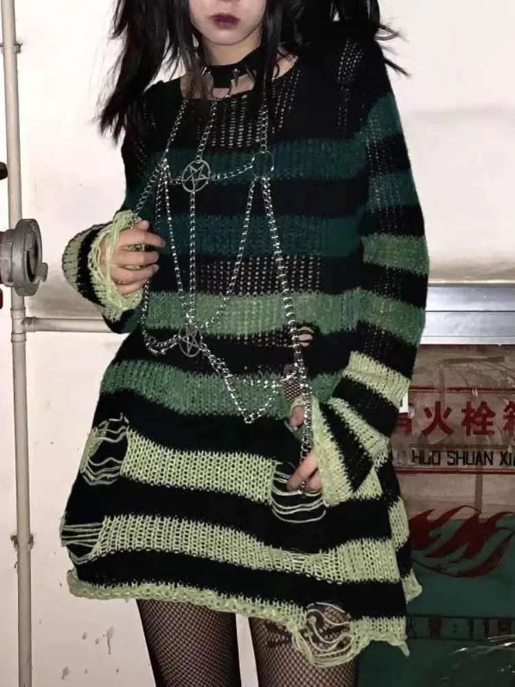 Free Gothic Distressed Oversized Striped Sweater