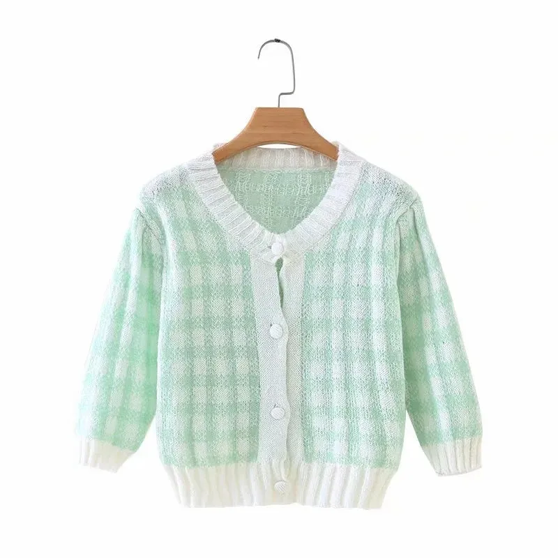 French Retro Bubble Short Sleeve Mohair Green White Plaid Sweater Knitwear Crop Cardigan for Girl