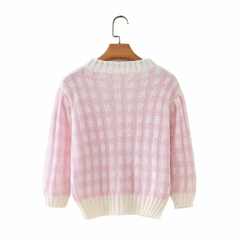 French Retro Bubble Short Sleeve Mohair Green White Plaid Sweater Knitwear Crop Cardigan for Girl