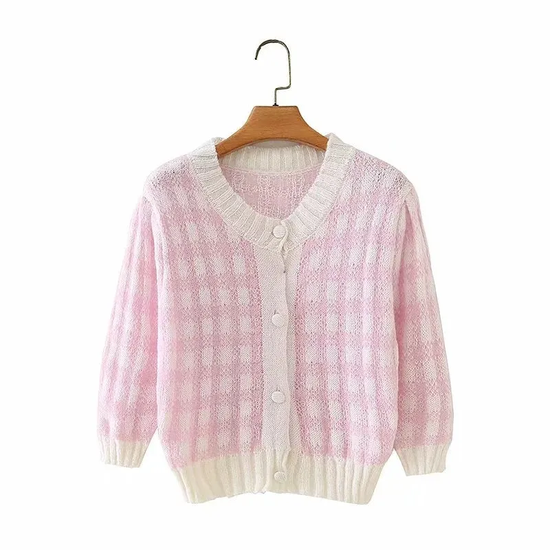 French Retro Bubble Short Sleeve Mohair Green White Plaid Sweater Knitwear Crop Cardigan for Girl