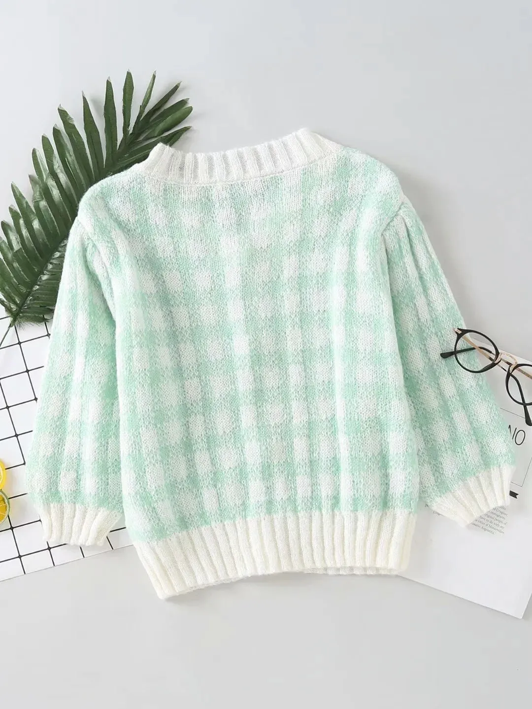 French Retro Bubble Short Sleeve Mohair Green White Plaid Sweater Knitwear Crop Cardigan for Girl