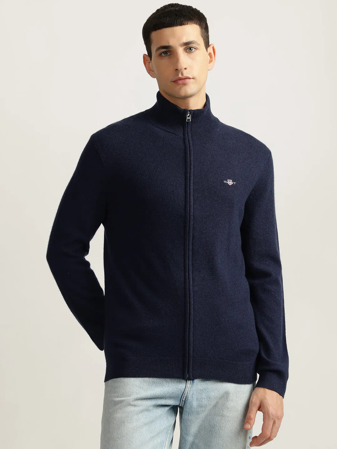 Gant Men Navy Blue Solid High Neck Full Sleeves Sweater