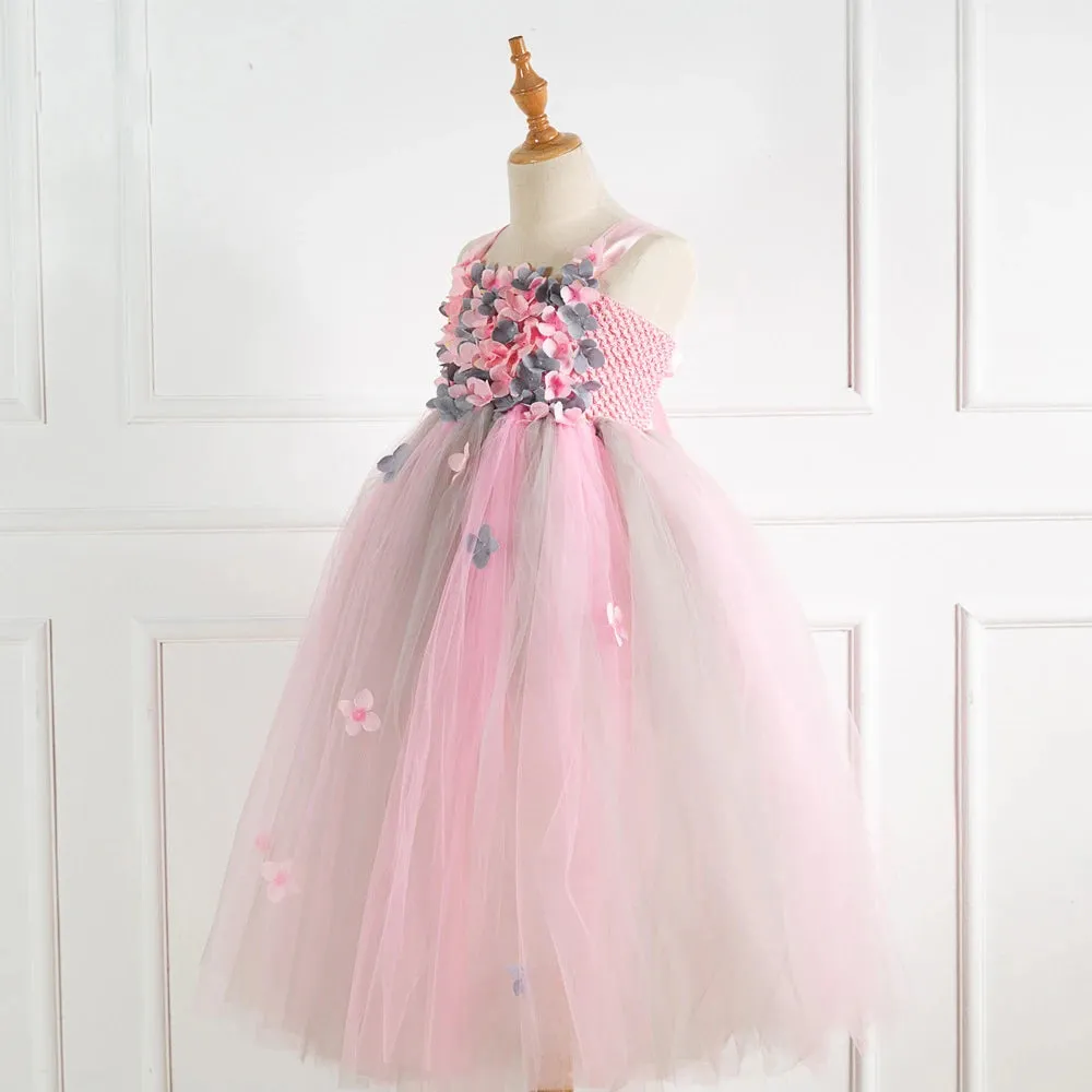 Girls Princess Pink Flower Petal Long Birthday Fashion Dress