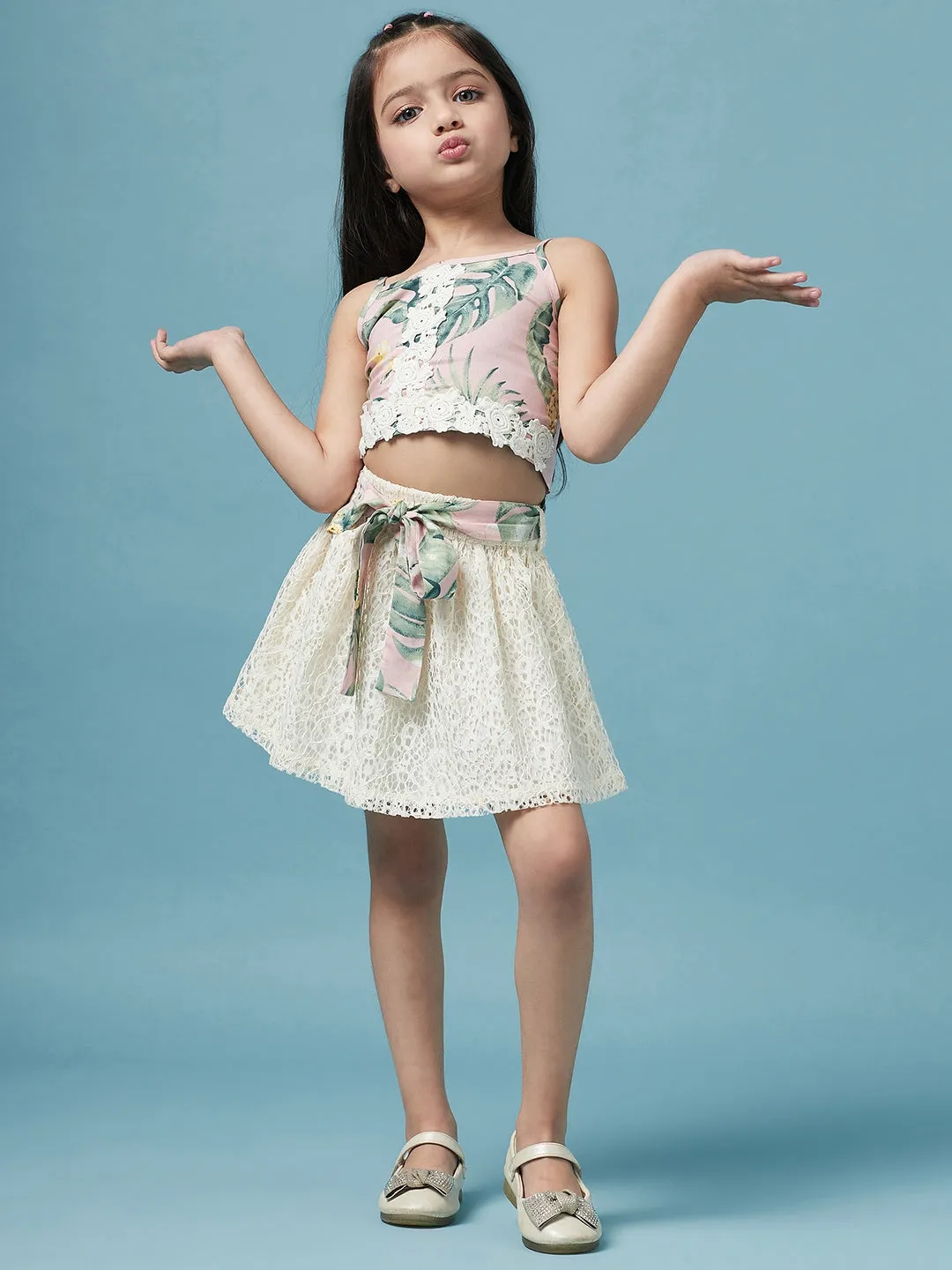 Girls Printed Sleeveless Top With Skirt - Ps Peaches