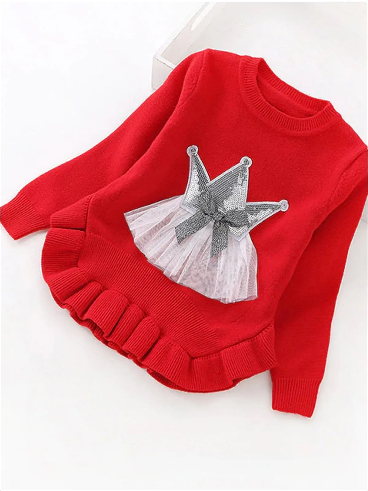 Girls Ruffle Hem Sequin Princess Sweater