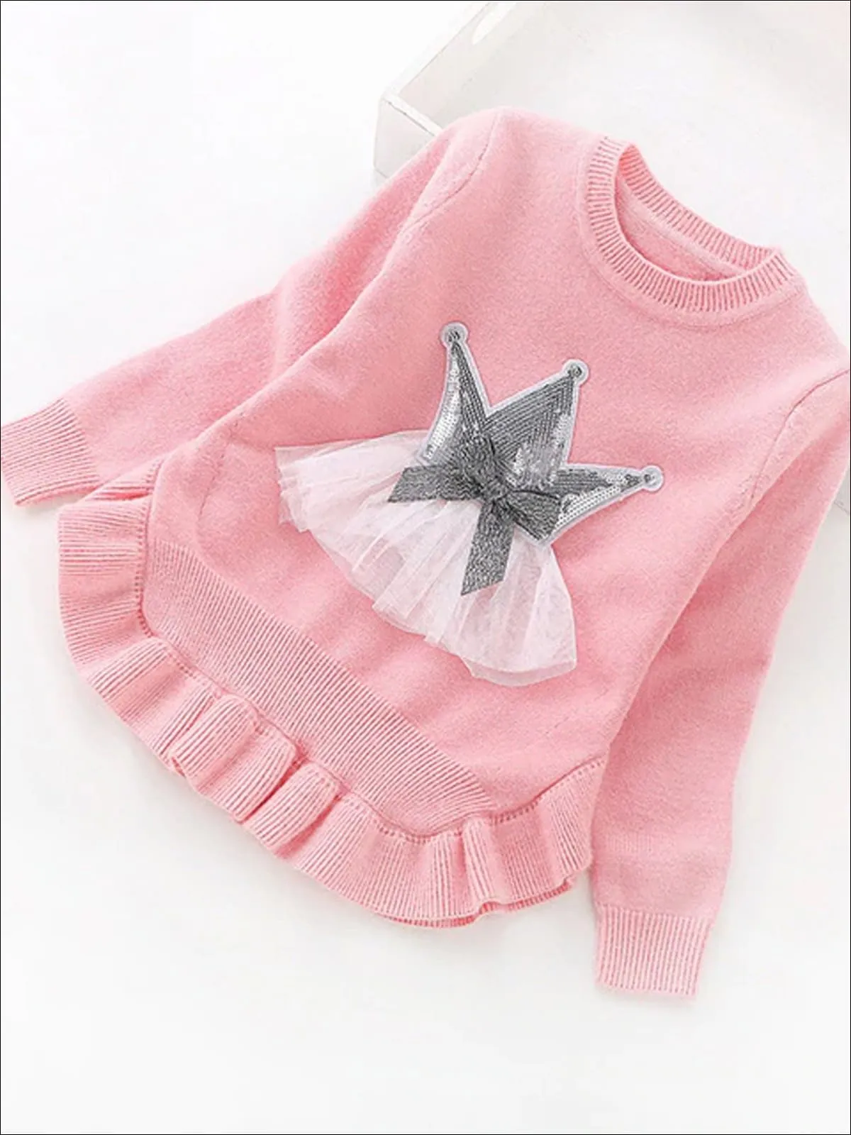 Girls Ruffle Hem Sequin Princess Sweater