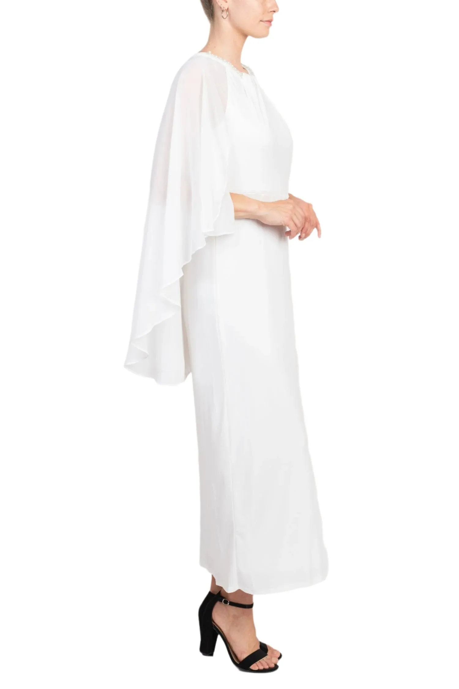 Glamour Scoop Neck Chiffon Cape Short Sleeve ITY Long Dress