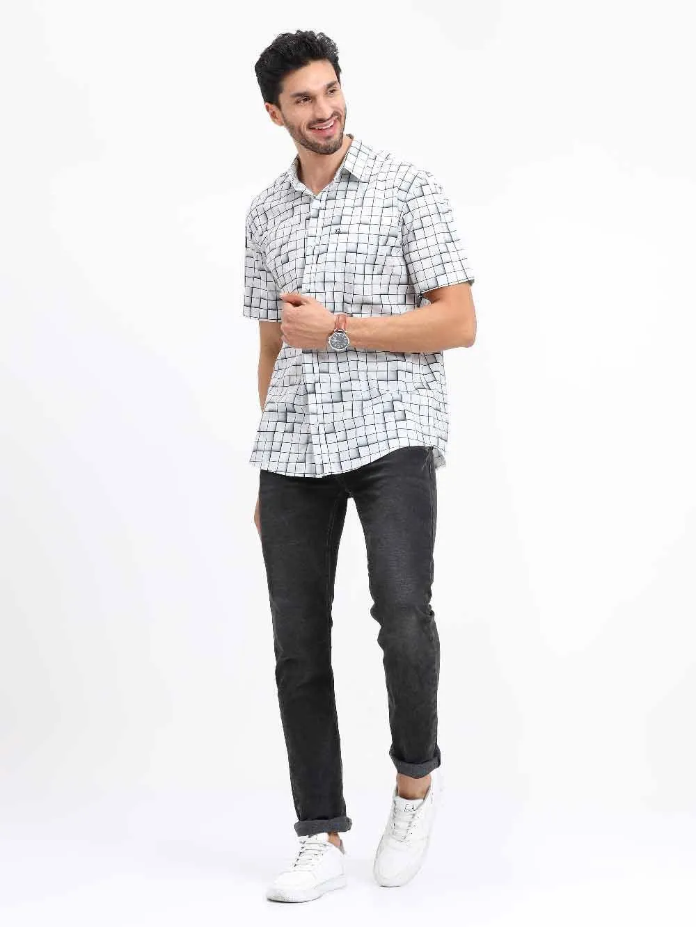 Grey Checks Printed Half Sleeve Shirt