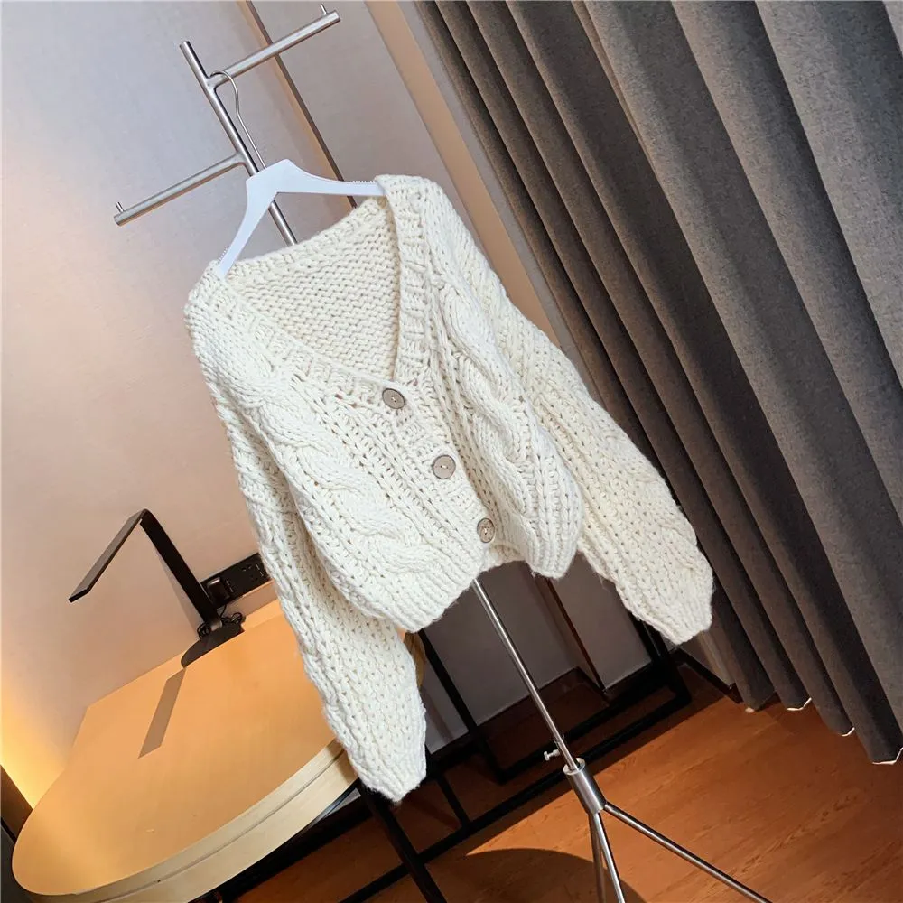 Hand Knitted Braid Chunky Cable Knit V Neck Button Crop Cardigan Sweater